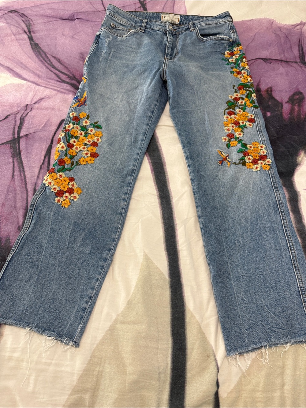 Free People Blue Straight-Leg Jeans with Floral Embroidery